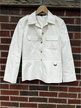 Linda Allard Ellen Trace White Cavas Knitted Collared Button Down Jacket